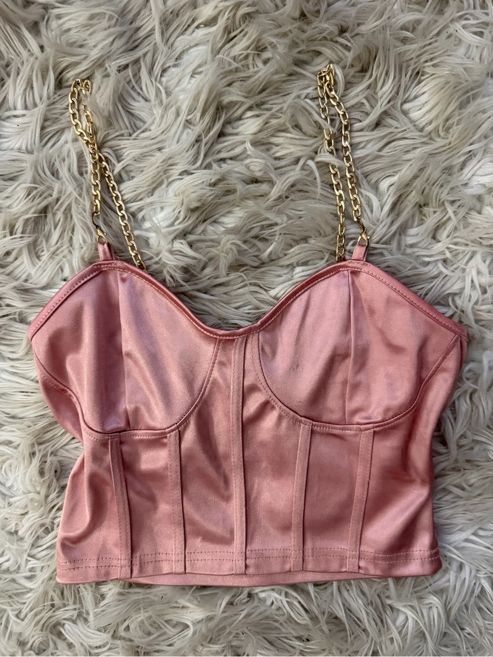 SHEIN Rose Satin Corset Crop Top with Gold Chain Straps